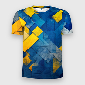 Мужская футболка 3D Slim с принтом Синяя и жёлтая геометрия в Екатеринбурге, 100% полиэстер с улучшенными характеристиками | приталенный силуэт, круглая горловина, широкие плечи, сужается к линии бедра | 