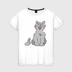 Женская футболка хлопок с принтом Серый котик зевает в Тюмени, 100% хлопок | прямой крой, круглый вырез горловины, длина до линии бедер, слегка спущенное плечо | 