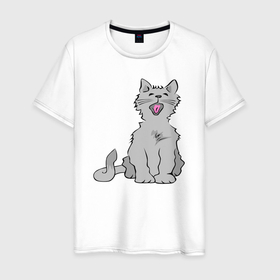 Мужская футболка хлопок с принтом Серый котик зевает в Тюмени, 100% хлопок | прямой крой, круглый вырез горловины, длина до линии бедер, слегка спущенное плечо. | 