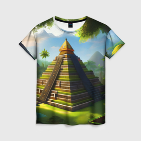 Женская футболка 3D с принтом Пирамида индейцев майя в Екатеринбурге, 100% полиэфир ( синтетическое хлопкоподобное полотно) | прямой крой, круглый вырез горловины, длина до линии бедер | 