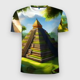 Мужская футболка 3D Slim с принтом Пирамида индейцев майя в Курске, 100% полиэстер с улучшенными характеристиками | приталенный силуэт, круглая горловина, широкие плечи, сужается к линии бедра | 