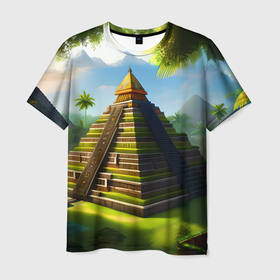 Мужская футболка 3D с принтом Пирамида индейцев майя в Екатеринбурге, 100% полиэфир | прямой крой, круглый вырез горловины, длина до линии бедер | 