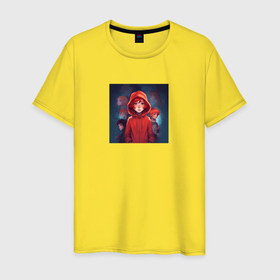Мужская футболка хлопок с принтом девушка в кофте с капюшоном в Петрозаводске, 100% хлопок | прямой крой, круглый вырез горловины, длина до линии бедер, слегка спущенное плечо. | 