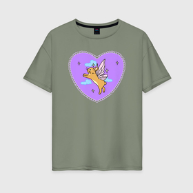 Женская футболка хлопок Oversize с принтом Фиолетовое сердце и кролик с крыльями в Курске, 100% хлопок | свободный крой, круглый ворот, спущенный рукав, длина до линии бедер
 | 
