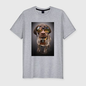 Мужская футболка хлопок Slim с принтом Собака блогер в Белгороде, 92% хлопок, 8% лайкра | приталенный силуэт, круглый вырез ворота, длина до линии бедра, короткий рукав | 