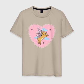Мужская футболка хлопок с принтом Розовое сердце и кролик с крыльями в Тюмени, 100% хлопок | прямой крой, круглый вырез горловины, длина до линии бедер, слегка спущенное плечо. | Тематика изображения на принте: 