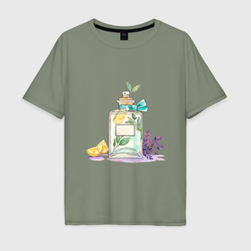 Мужская футболка хлопок Oversize с принтом Флакон духов с лимоном и травами в Екатеринбурге, 100% хлопок | свободный крой, круглый ворот, “спинка” длиннее передней части | Тематика изображения на принте: 