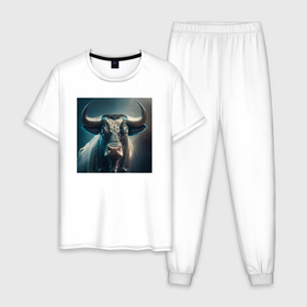 Мужская пижама хлопок с принтом Бык в стиле футуризм   нейросеть в Тюмени, 100% хлопок | брюки и футболка прямого кроя, без карманов, на брюках мягкая резинка на поясе и по низу штанин
 | 