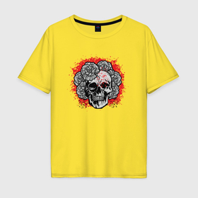 Мужская футболка хлопок Oversize с принтом Череп с венком из цветов в Тюмени, 100% хлопок | свободный крой, круглый ворот, “спинка” длиннее передней части | 