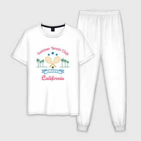 Мужская пижама хлопок с принтом летний теннисный клуб в Петрозаводске, 100% хлопок | брюки и футболка прямого кроя, без карманов, на брюках мягкая резинка на поясе и по низу штанин
 | Тематика изображения на принте: 