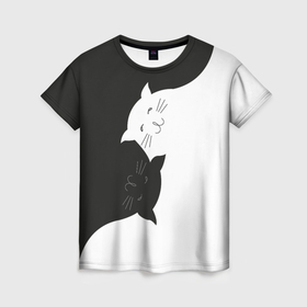 Женская футболка 3D с принтом Кошки инь янь в Петрозаводске, 100% полиэфир ( синтетическое хлопкоподобное полотно) | прямой крой, круглый вырез горловины, длина до линии бедер | 