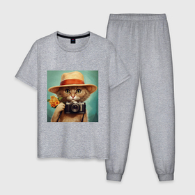 Мужская пижама хлопок с принтом Кот в соломенной шляпе с фотоаппаратом в Новосибирске, 100% хлопок | брюки и футболка прямого кроя, без карманов, на брюках мягкая резинка на поясе и по низу штанин
 | 