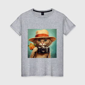 Женская футболка хлопок с принтом Кот в соломенной шляпе с фотоаппаратом в Петрозаводске, 100% хлопок | прямой крой, круглый вырез горловины, длина до линии бедер, слегка спущенное плечо | 