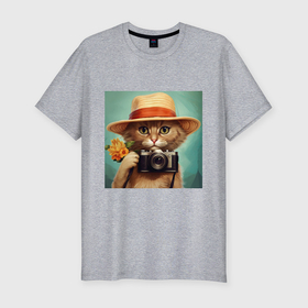 Мужская футболка хлопок Slim с принтом Кот в соломенной шляпе с фотоаппаратом в Петрозаводске, 92% хлопок, 8% лайкра | приталенный силуэт, круглый вырез ворота, длина до линии бедра, короткий рукав | 