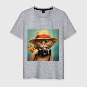 Мужская футболка хлопок с принтом Кот в соломенной шляпе с фотоаппаратом в Петрозаводске, 100% хлопок | прямой крой, круглый вырез горловины, длина до линии бедер, слегка спущенное плечо. | 
