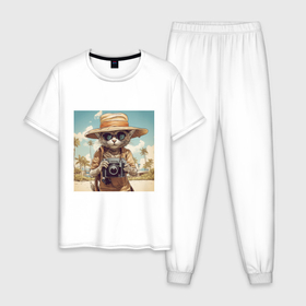 Мужская пижама хлопок с принтом Кот на пляже с фотоаппаратом в Новосибирске, 100% хлопок | брюки и футболка прямого кроя, без карманов, на брюках мягкая резинка на поясе и по низу штанин
 | 