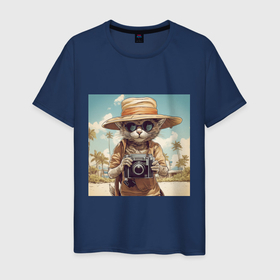 Мужская футболка хлопок с принтом Кот на пляже с фотоаппаратом в Петрозаводске, 100% хлопок | прямой крой, круглый вырез горловины, длина до линии бедер, слегка спущенное плечо. | 