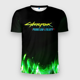 Мужская футболка 3D Slim с принтом Cyberpunk  2077  phantom  liberty  green fire logo в Курске, 100% полиэстер с улучшенными характеристиками | приталенный силуэт, круглая горловина, широкие плечи, сужается к линии бедра | 