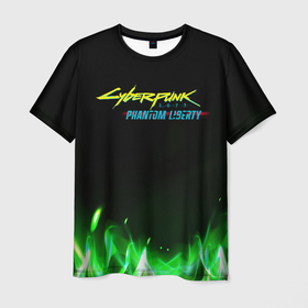 Мужская футболка 3D с принтом Cyberpunk  2077  phantom  liberty  green fire logo в Белгороде, 100% полиэфир | прямой крой, круглый вырез горловины, длина до линии бедер | 