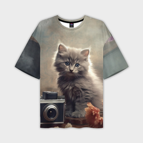 Мужская футболка oversize 3D с принтом Серый котенок, винтажное фото в Санкт-Петербурге,  |  | 