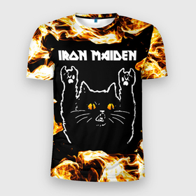 Мужская футболка 3D Slim с принтом Iron Maiden рок кот и огонь в Белгороде, 100% полиэстер с улучшенными характеристиками | приталенный силуэт, круглая горловина, широкие плечи, сужается к линии бедра | 