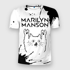 Мужская футболка 3D Slim с принтом Marilyn Manson рок кот на светлом фоне в Санкт-Петербурге, 100% полиэстер с улучшенными характеристиками | приталенный силуэт, круглая горловина, широкие плечи, сужается к линии бедра | 