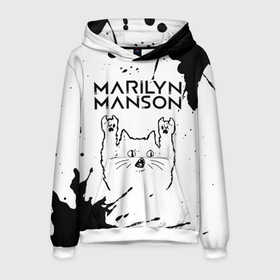 Мужская толстовка 3D с принтом Marilyn Manson рок кот на светлом фоне в Санкт-Петербурге, 100% полиэстер | двухслойный капюшон со шнурком для регулировки, мягкие манжеты на рукавах и по низу толстовки, спереди карман-кенгуру с мягким внутренним слоем. | 