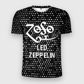 Мужская футболка 3D Slim с принтом Led Zeppelin glitch на темном фоне в Санкт-Петербурге, 100% полиэстер с улучшенными характеристиками | приталенный силуэт, круглая горловина, широкие плечи, сужается к линии бедра | Тематика изображения на принте: 