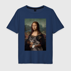Мужская футболка хлопок Oversize с принтом Мона Лиза с котиком в Белгороде, 100% хлопок | свободный крой, круглый ворот, “спинка” длиннее передней части | 