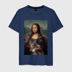 Мужская футболка хлопок с принтом Мона Лиза с котиком в Белгороде, 100% хлопок | прямой крой, круглый вырез горловины, длина до линии бедер, слегка спущенное плечо. | 
