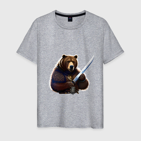 Мужская футболка хлопок с принтом Медведь берсерк в Петрозаводске, 100% хлопок | прямой крой, круглый вырез горловины, длина до линии бедер, слегка спущенное плечо. | 