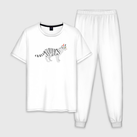 Мужская пижама хлопок с принтом Белый котик с серым полосками в Тюмени, 100% хлопок | брюки и футболка прямого кроя, без карманов, на брюках мягкая резинка на поясе и по низу штанин
 | 