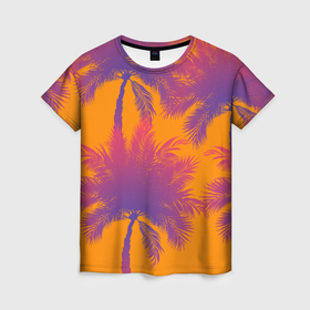 Женская футболка 3D с принтом Пальмы на закате в Петрозаводске, 100% полиэфир ( синтетическое хлопкоподобное полотно) | прямой крой, круглый вырез горловины, длина до линии бедер | 