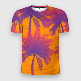 Мужская футболка 3D Slim с принтом Пальмы на закате в Кировске, 100% полиэстер с улучшенными характеристиками | приталенный силуэт, круглая горловина, широкие плечи, сужается к линии бедра | 