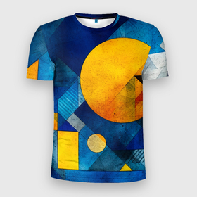 Мужская футболка 3D Slim с принтом Жёлтая и синяя геометрия в Екатеринбурге, 100% полиэстер с улучшенными характеристиками | приталенный силуэт, круглая горловина, широкие плечи, сужается к линии бедра | 
