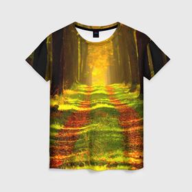 Женская футболка 3D с принтом Дорога среди деревьев , 100% полиэфир ( синтетическое хлопкоподобное полотно) | прямой крой, круглый вырез горловины, длина до линии бедер | 