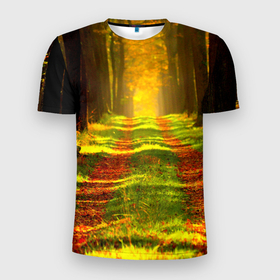 Мужская футболка 3D Slim с принтом Дорога среди деревьев в Белгороде, 100% полиэстер с улучшенными характеристиками | приталенный силуэт, круглая горловина, широкие плечи, сужается к линии бедра | 