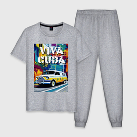 Мужская пижама хлопок с принтом Viva Cuba   car   retro в Новосибирске, 100% хлопок | брюки и футболка прямого кроя, без карманов, на брюках мягкая резинка на поясе и по низу штанин
 | Тематика изображения на принте: 