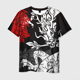 Мужская футболка 3D с принтом Японский трехцветный дракон , 100% полиэфир | прямой крой, круглый вырез горловины, длина до линии бедер | Тематика изображения на принте: 