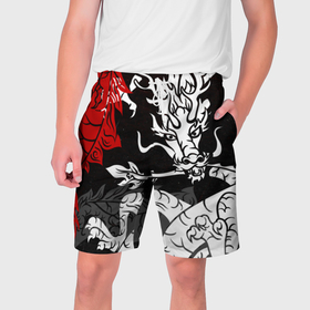 Мужские шорты 3D с принтом Японский трехцветный дракон в Курске,  полиэстер 100% | прямой крой, два кармана без застежек по бокам. Мягкая трикотажная резинка на поясе, внутри которой широкие завязки. Длина чуть выше колен | 