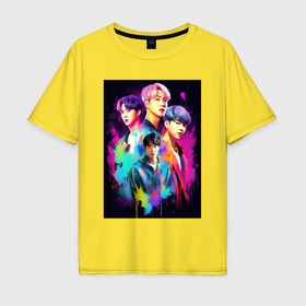 Мужская футболка хлопок Oversize с принтом BTS poster в Тюмени, 100% хлопок | свободный крой, круглый ворот, “спинка” длиннее передней части | 