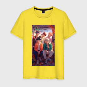 Мужская футболка хлопок с принтом BTS anime art style в Тюмени, 100% хлопок | прямой крой, круглый вырез горловины, длина до линии бедер, слегка спущенное плечо. | 