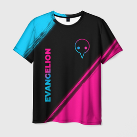 Мужская футболка 3D с принтом Evangelion   neon gradient: надпись, символ , 100% полиэфир | прямой крой, круглый вырез горловины, длина до линии бедер | 