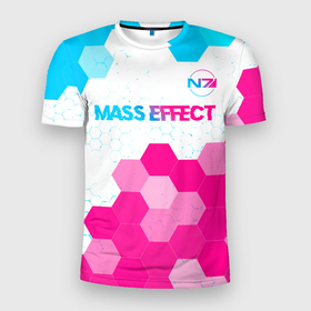 Мужская футболка 3D Slim с принтом Mass Effect neon gradient style: символ сверху в Тюмени, 100% полиэстер с улучшенными характеристиками | приталенный силуэт, круглая горловина, широкие плечи, сужается к линии бедра | 