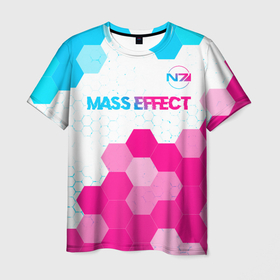 Мужская футболка 3D с принтом Mass Effect neon gradient style: символ сверху в Тюмени, 100% полиэфир | прямой крой, круглый вырез горловины, длина до линии бедер | 