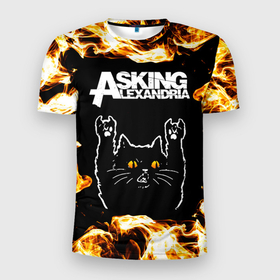 Мужская футболка 3D Slim с принтом Asking Alexandria рок кот и огонь , 100% полиэстер с улучшенными характеристиками | приталенный силуэт, круглая горловина, широкие плечи, сужается к линии бедра | Тематика изображения на принте: 