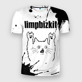 Мужская футболка 3D Slim с принтом Limp Bizkit рок кот на светлом фоне в Кировске, 100% полиэстер с улучшенными характеристиками | приталенный силуэт, круглая горловина, широкие плечи, сужается к линии бедра | Тематика изображения на принте: 
