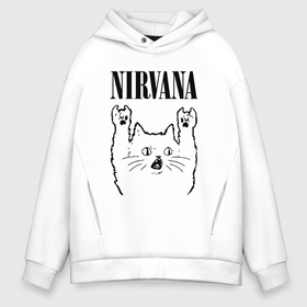 Мужское худи Oversize хлопок с принтом Nirvana   rock cat в Курске, френч-терри — 70% хлопок, 30% полиэстер. Мягкий теплый начес внутри —100% хлопок | боковые карманы, эластичные манжеты и нижняя кромка, капюшон на магнитной кнопке | 