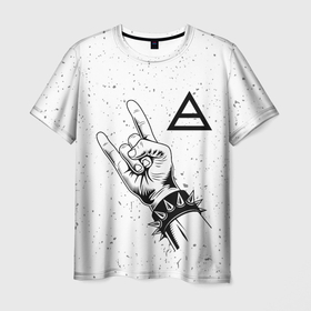 Мужская футболка 3D с принтом Thirty Seconds to Mars и рок символ в Санкт-Петербурге, 100% полиэфир | прямой крой, круглый вырез горловины, длина до линии бедер | 