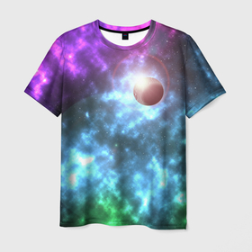 Мужская футболка 3D с принтом Планета в космическом пространстве , 100% полиэфир | прямой крой, круглый вырез горловины, длина до линии бедер | 